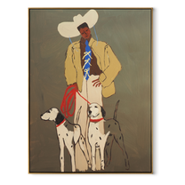 Four Hounds Follow Crimson - cowboy and four hounds painting by Hannah Brooks, minimalist figurative vertical wall art – wood frame on white background