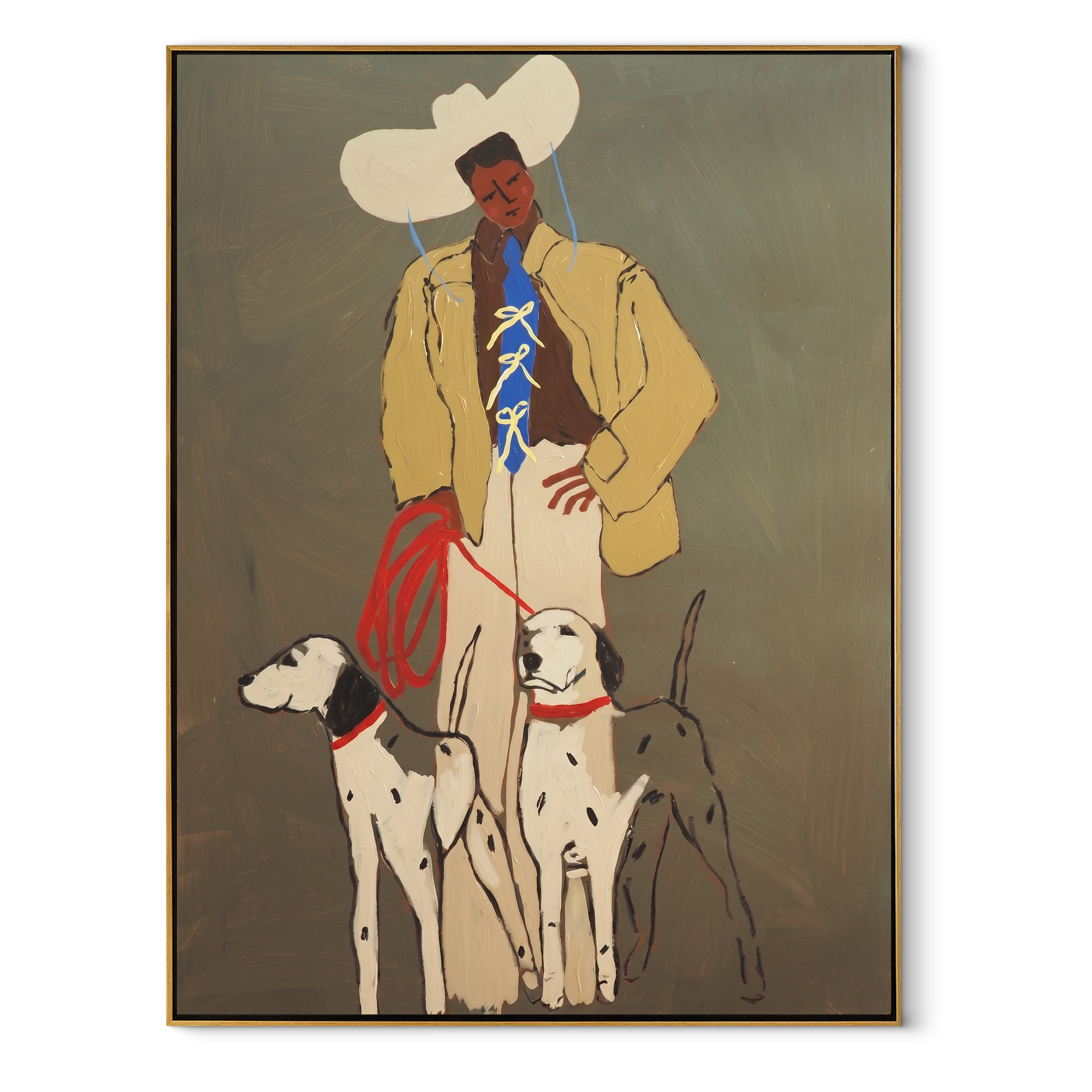 Four Hounds Follow Crimson - cowboy and four hounds painting by Hannah Brooks, minimalist figurative vertical wall art – wood frame on white background