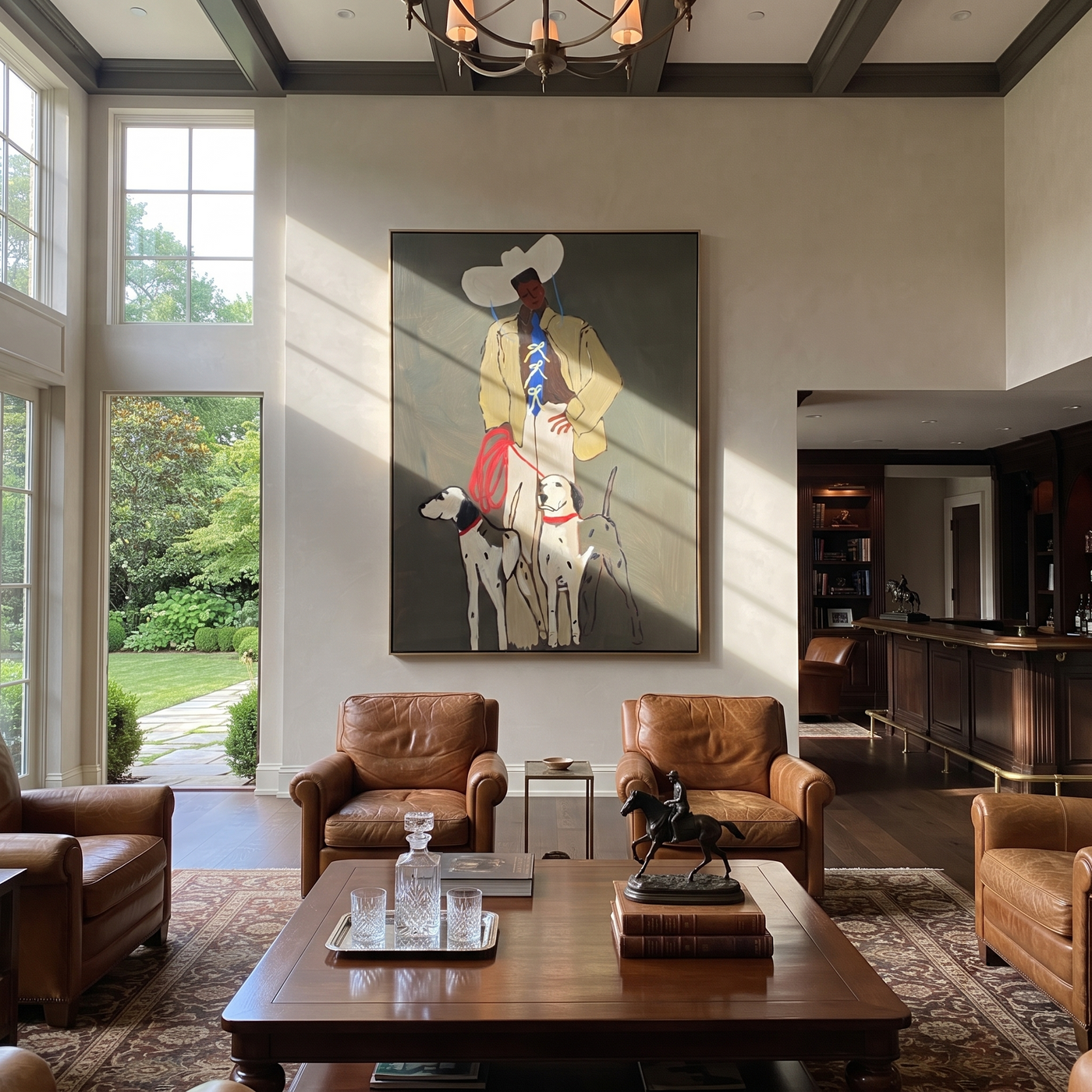 Four Hounds Follow Crimson - cowboy and four hounds painting by Hannah Brooks, minimalist figurative vertical wall art – styled room scene view 3