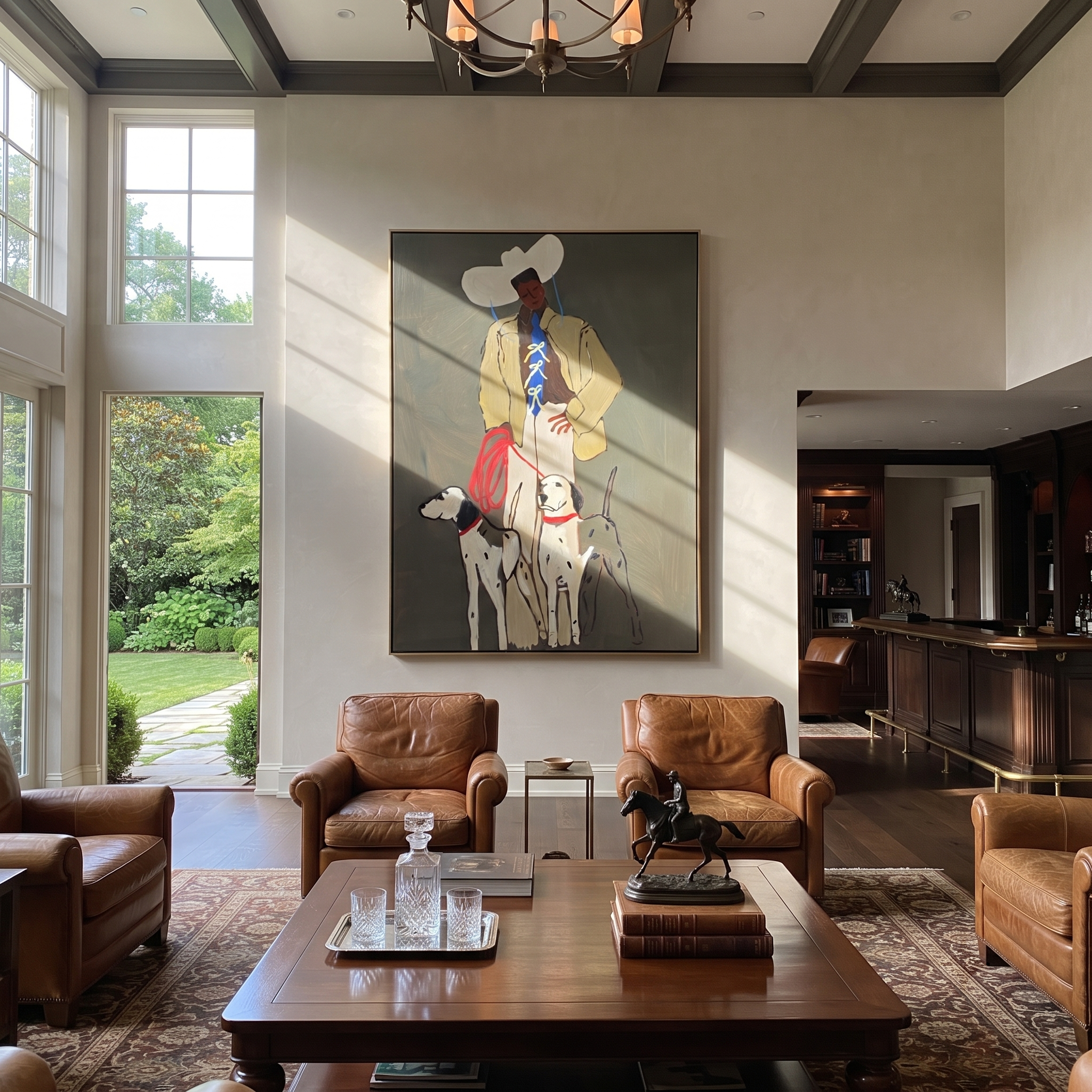 Four Hounds Follow Crimson - cowboy and four hounds painting by Hannah Brooks, minimalist figurative vertical wall art – styled room scene view 3