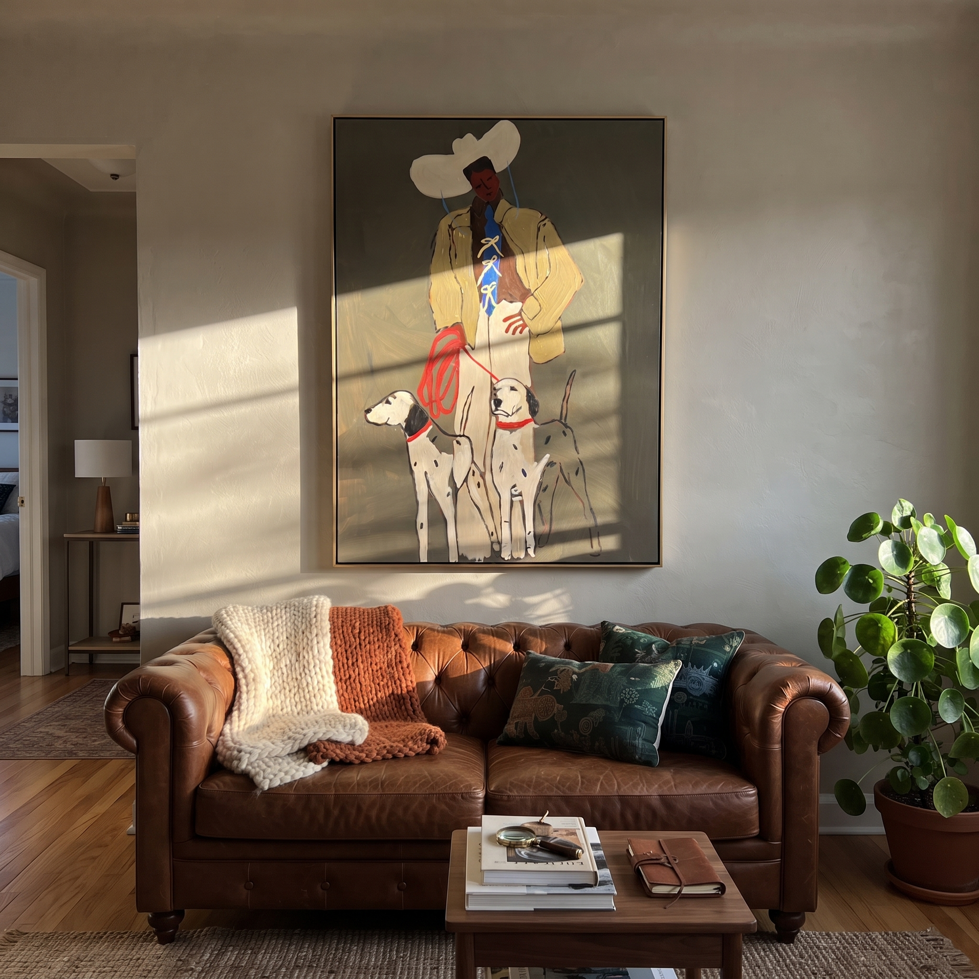 Four Hounds Follow Crimson - cowboy and four hounds painting by Hannah Brooks, minimalist figurative vertical wall art – styled room scene view 5
