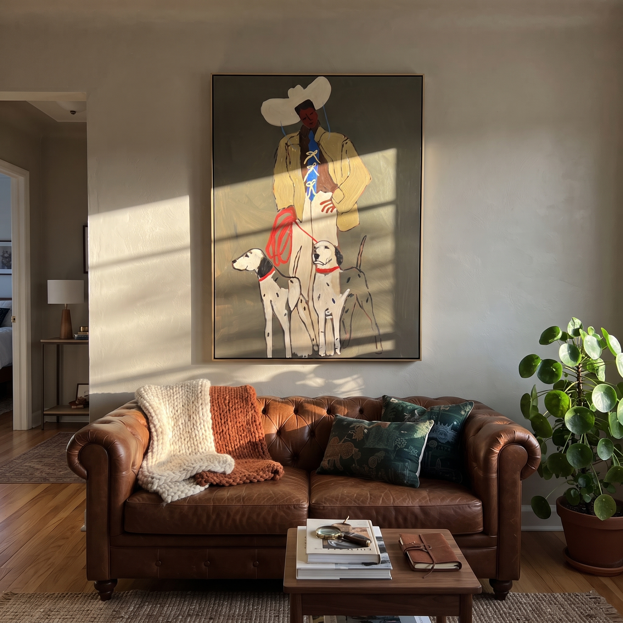 Four Hounds Follow Crimson - cowboy and four hounds painting by Hannah Brooks, minimalist figurative vertical wall art – styled room scene view 5