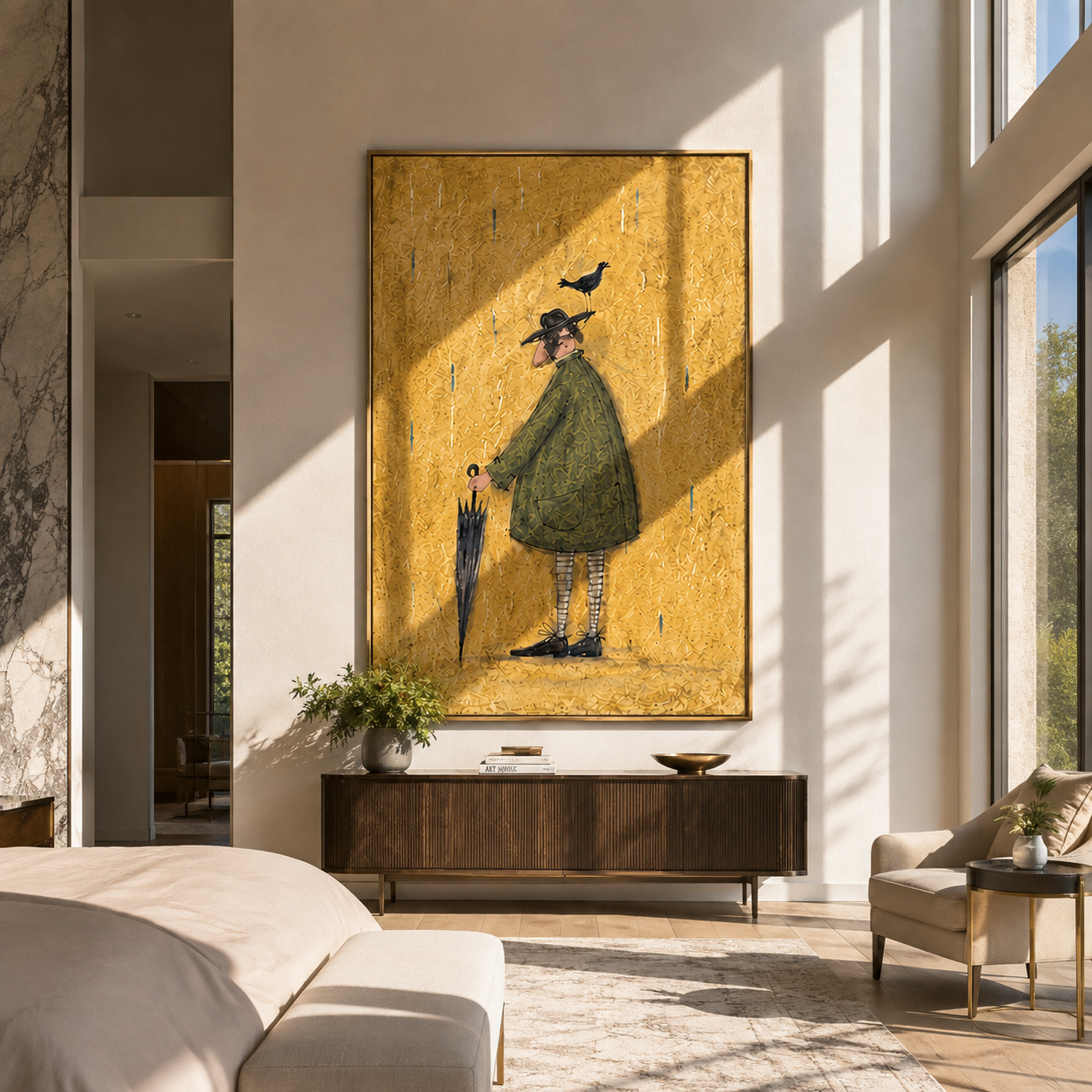 Crow Balances Before Rain - man with bird and umbrella painting by Hannah Brooks, minimalist figurative vertical wall art – styled room scene view 1