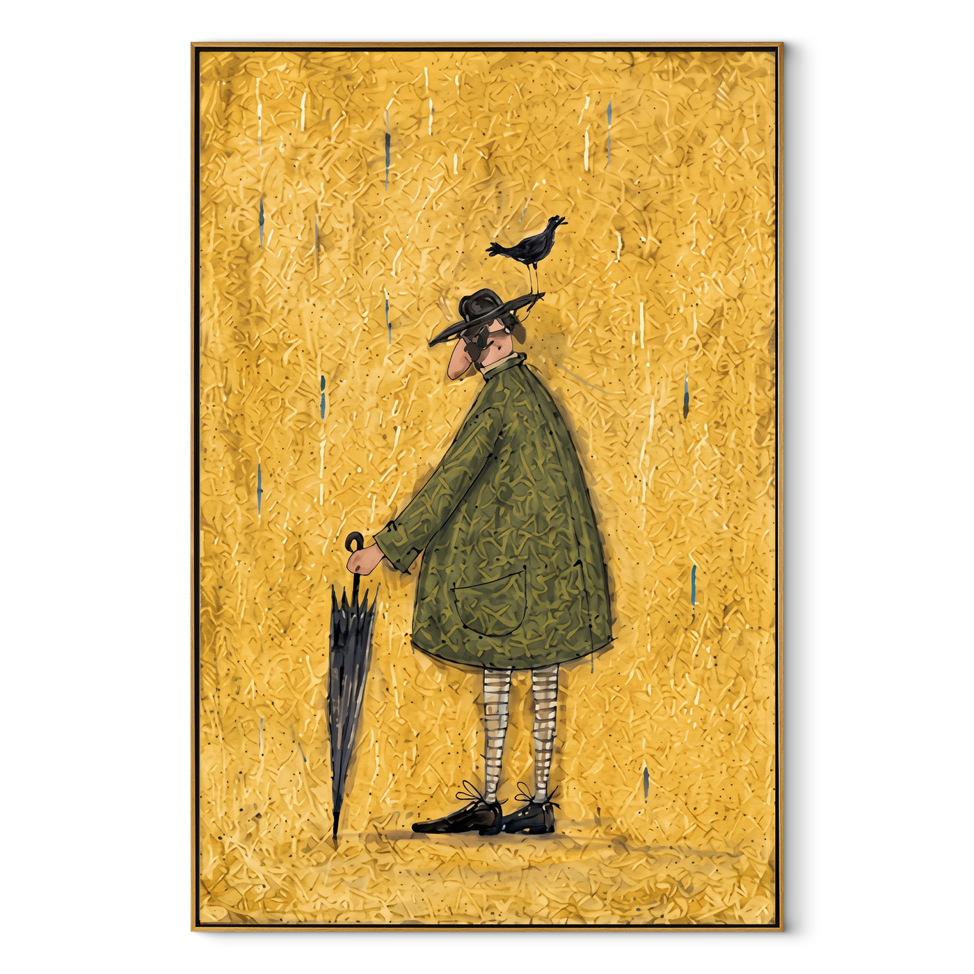 Crow Balances Before Rain - man with bird and umbrella painting by Hannah Brooks, minimalist figurative vertical wall art – wood frame on white background