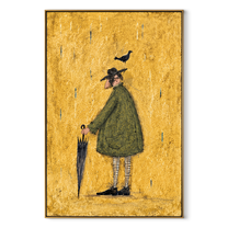 Crow Balances Before Rain - man with bird and umbrella painting by Hannah Brooks, minimalist figurative vertical wall art – wood frame on white background