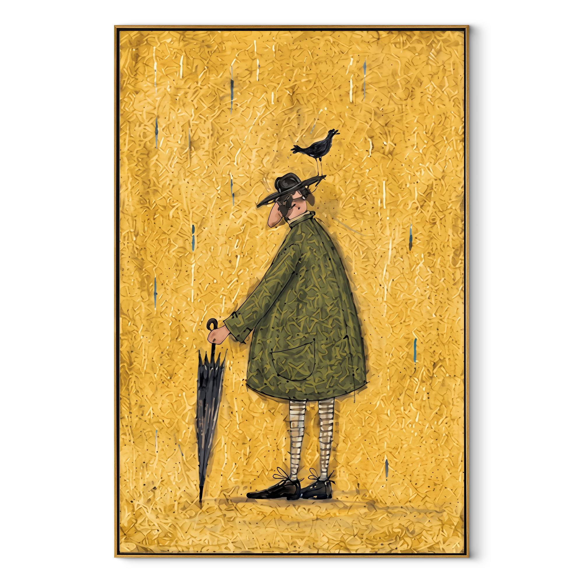 Crow Balances Before Rain - man with bird and umbrella painting by Hannah Brooks, minimalist figurative vertical wall art – wood frame on white background