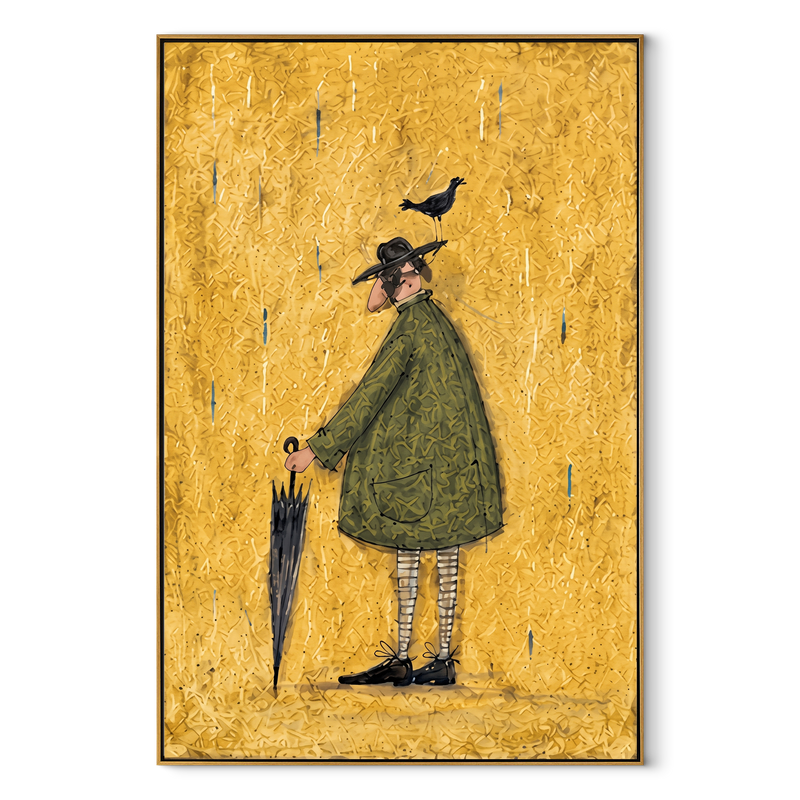 Crow Balances Before Rain - Man with Bird and Umbrella Painting | Minimalist Figurative Vertical Wall Art