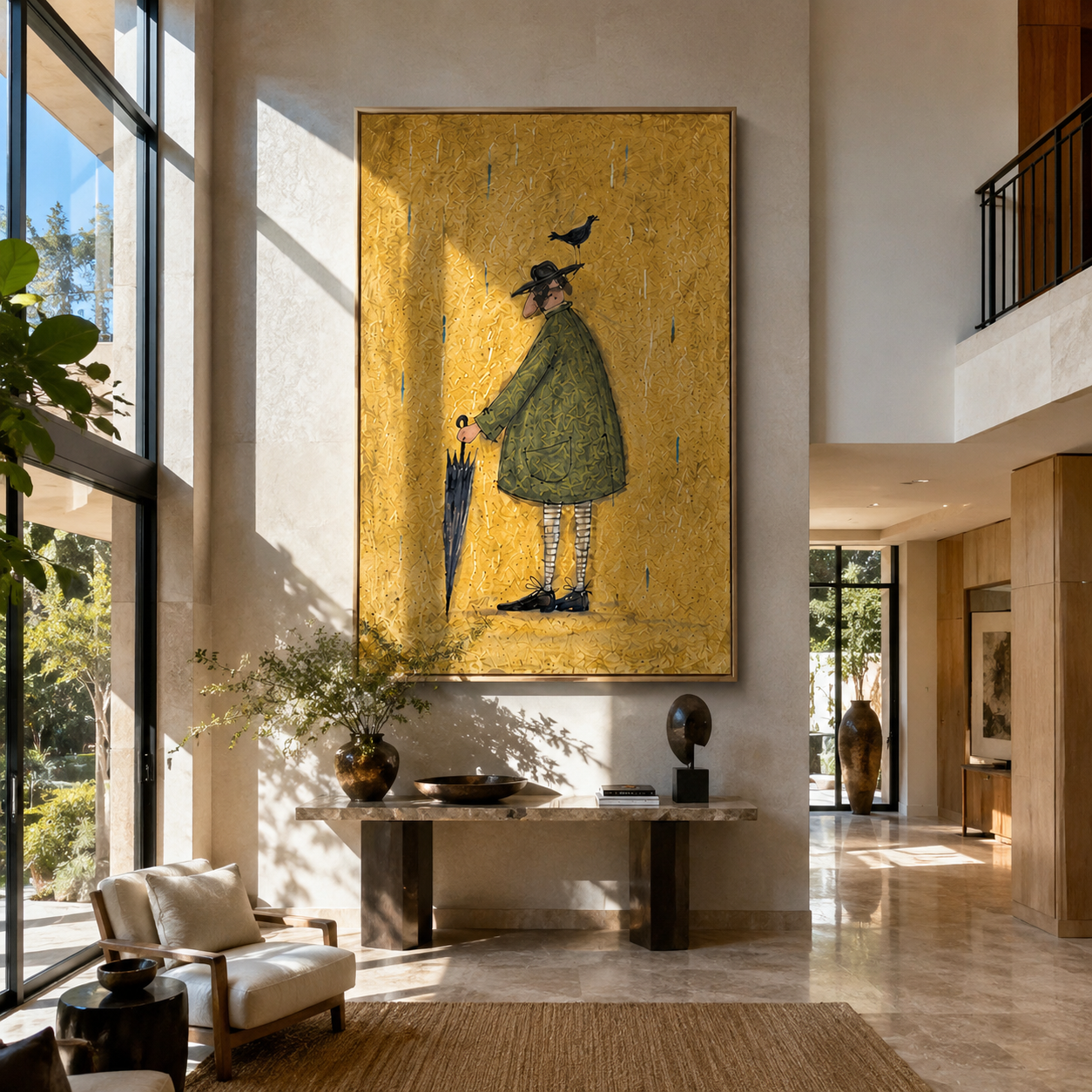 Crow Balances Before Rain - man with bird and umbrella painting by Hannah Brooks, minimalist figurative vertical wall art – styled room scene view 3