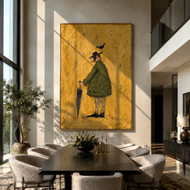 Crow Balances Before Rain - man with bird and umbrella painting by Hannah Brooks, minimalist figurative vertical wall art – styled room scene view 4
