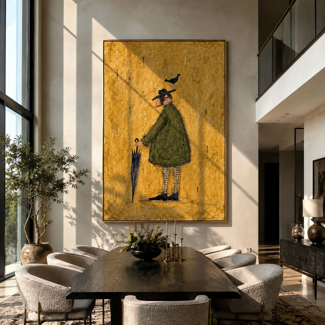 Crow Balances Before Rain - man with bird and umbrella painting by Hannah Brooks, minimalist figurative vertical wall art – styled room scene view 4