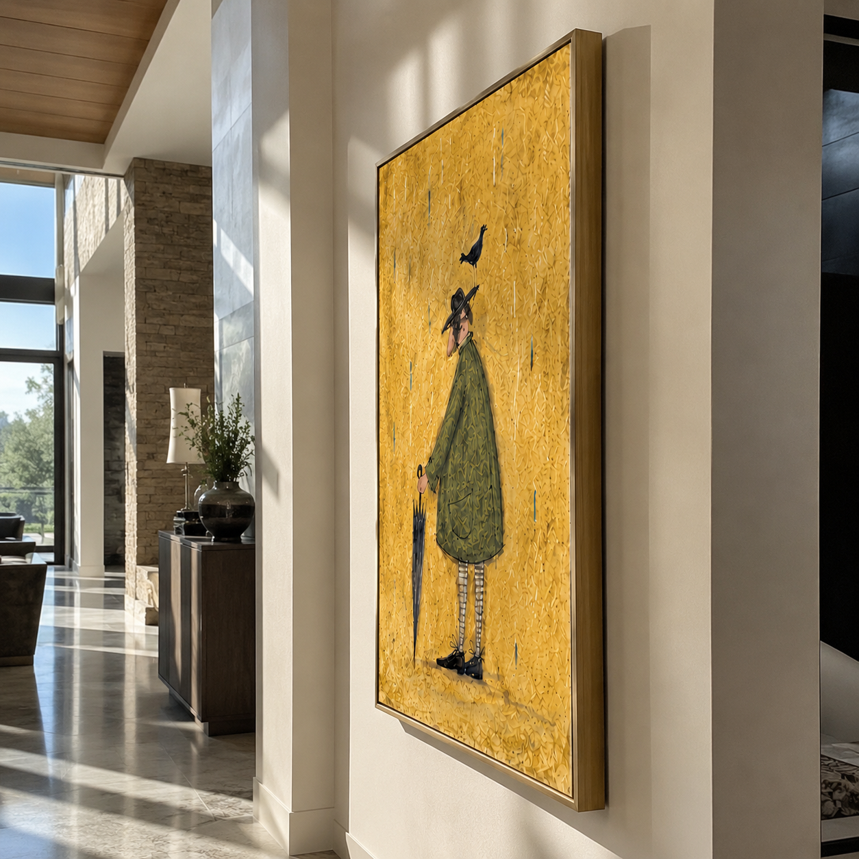 Crow Balances Before Rain - man with bird and umbrella painting by Hannah Brooks, minimalist figurative vertical wall art – styled room scene view 5