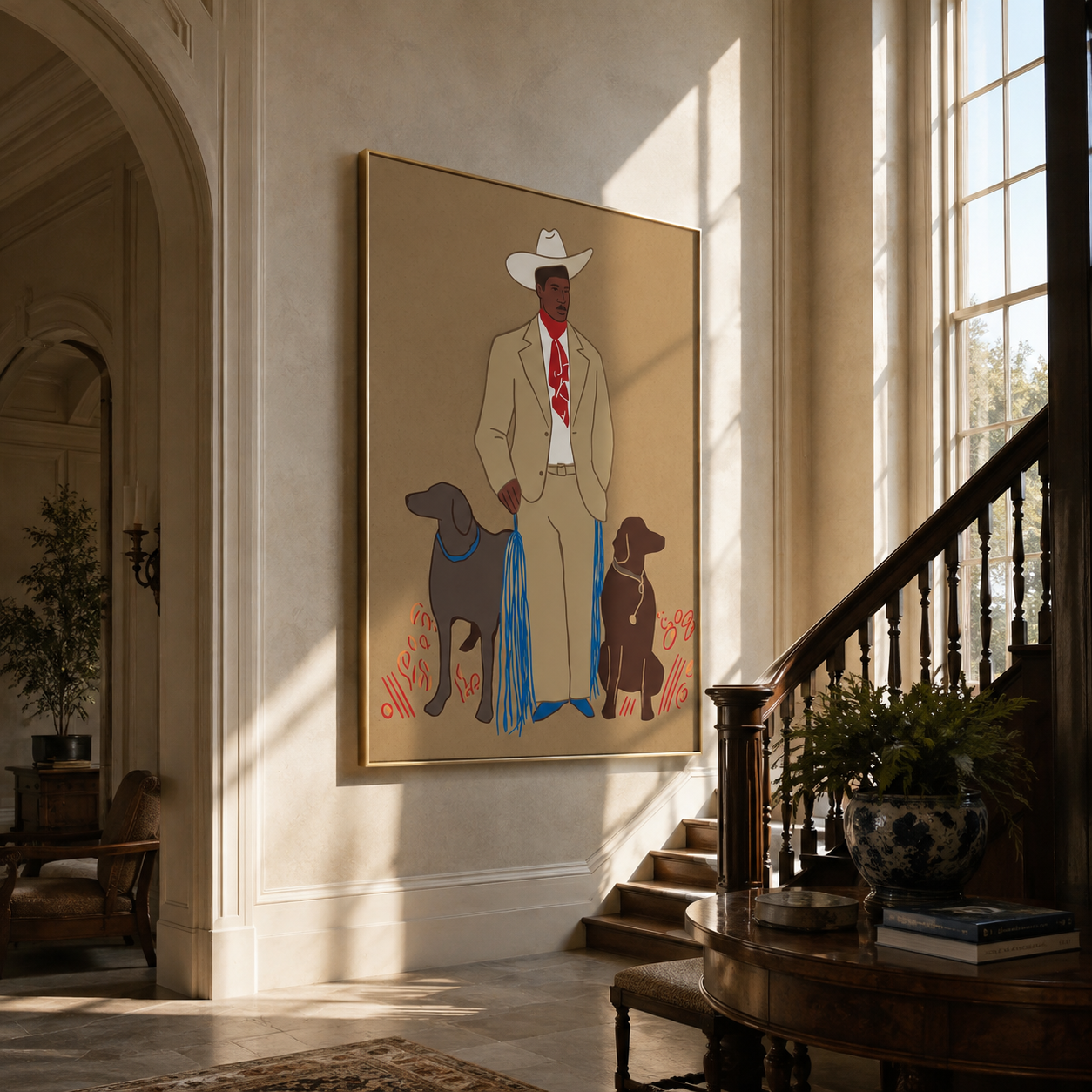 Twin Dogs Hold Watch - cowboy with two dogs painting by Hannah Brooks, minimalist figurative vertical wall art – styled room scene view 1