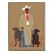 Twin Dogs Hold Watch - cowboy with two dogs painting by Hannah Brooks, minimalist figurative vertical wall art – wood frame on white background