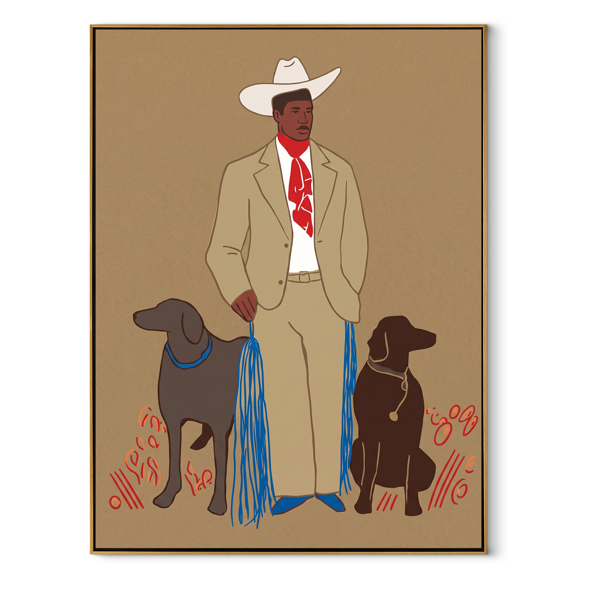 Twin Dogs Hold Watch - cowboy with two dogs painting by Hannah Brooks, minimalist figurative vertical wall art – wood frame on white background