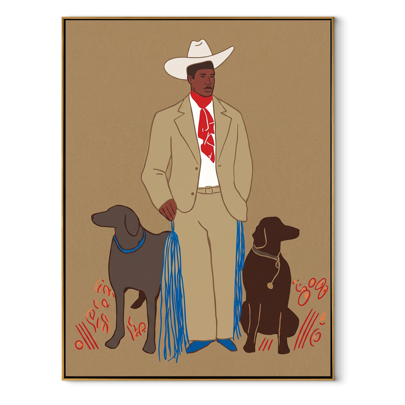 Twin Dogs Hold Watch - Cowboy with Two Dogs Painting | Minimalist Figurative Vertical Wall Art