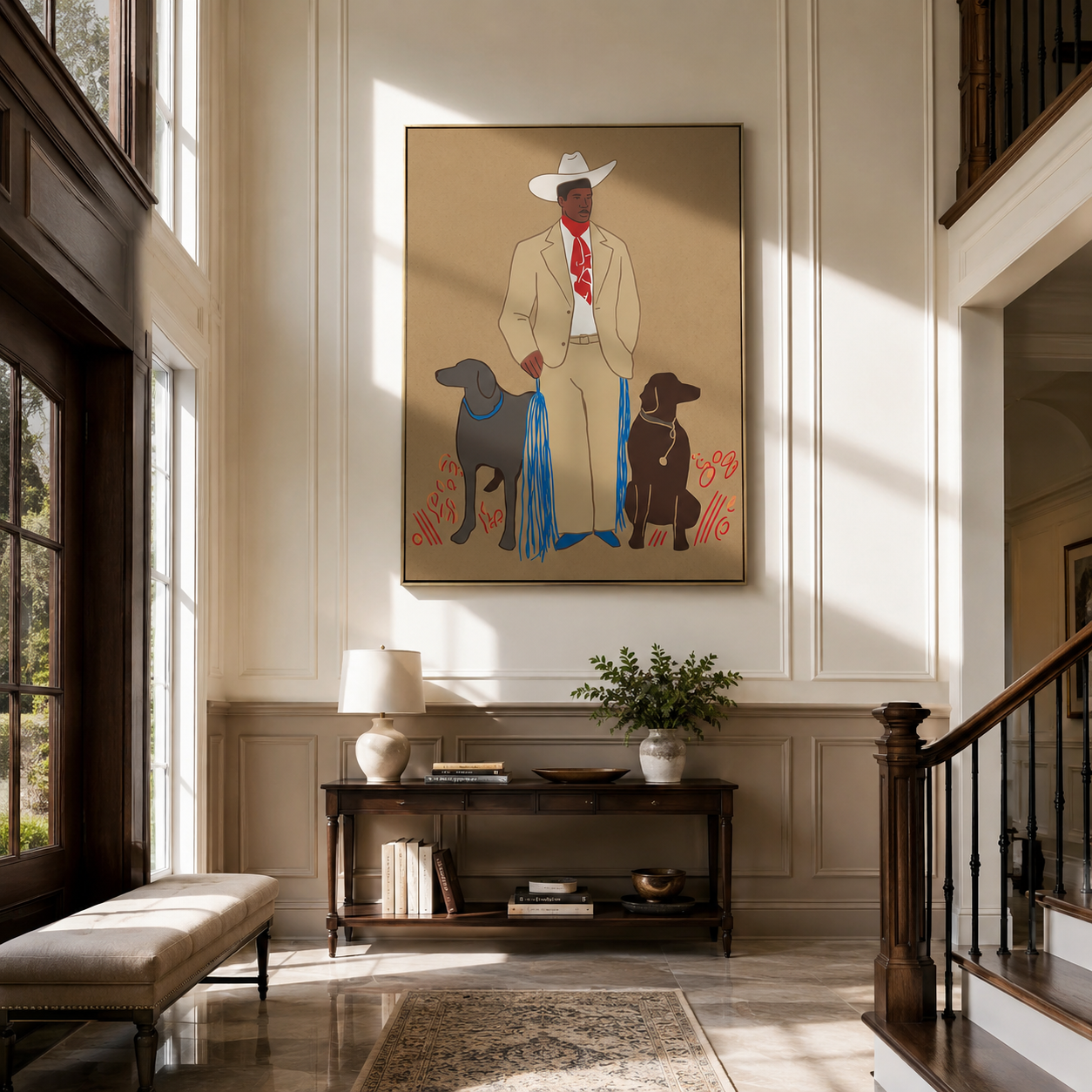 Twin Dogs Hold Watch - cowboy with two dogs painting by Hannah Brooks, minimalist figurative vertical wall art – styled room scene view 2