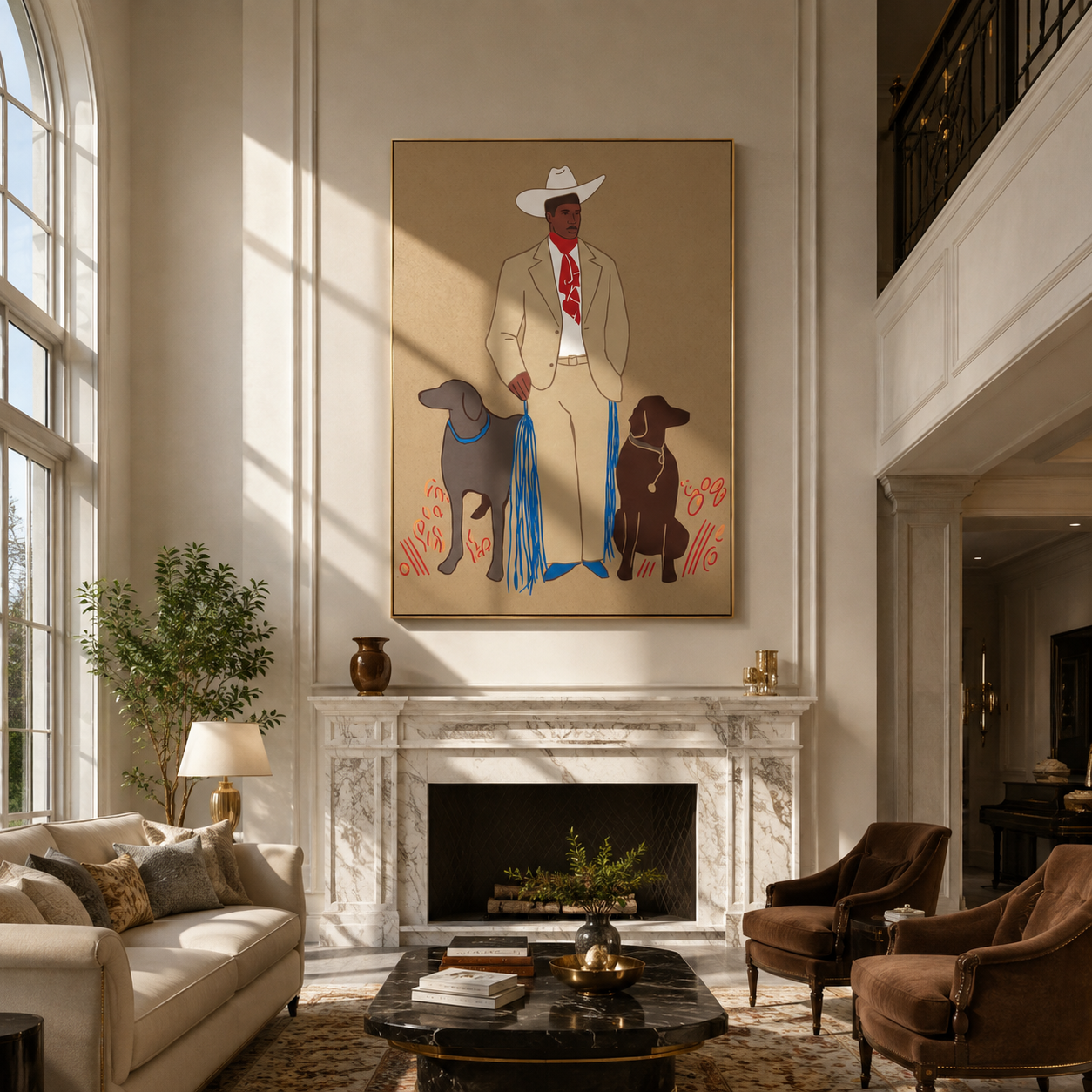 Twin Dogs Hold Watch - cowboy with two dogs painting by Hannah Brooks, minimalist figurative vertical wall art – styled room scene view 3