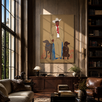 Twin Dogs Hold Watch - cowboy with two dogs painting by Hannah Brooks, minimalist figurative vertical wall art – styled room scene view 4