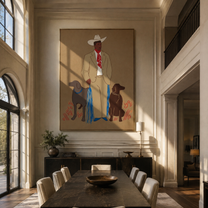 Twin Dogs Hold Watch - cowboy with two dogs painting by Hannah Brooks, minimalist figurative vertical wall art – styled room scene view 5