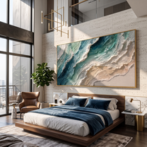 Teal Shore Breaks Ivory – Teal & Ivory Ocean Wave Painting | Coastal Abstract Panoramic Wall Art