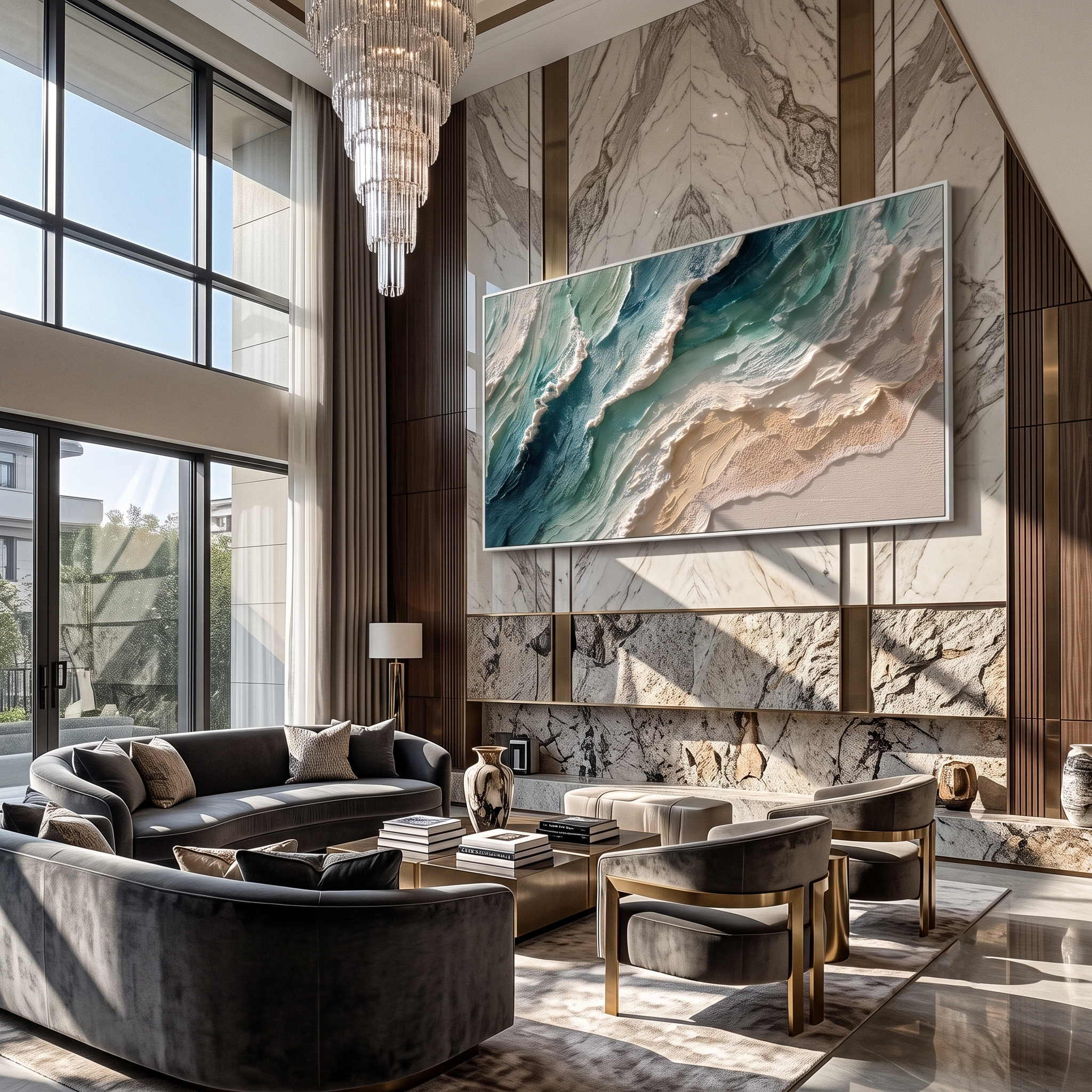 Teal Shore Breaks Ivory – Teal & Ivory Ocean Wave Painting | Coastal Abstract Panoramic Wall Art