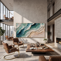 Teal Shore Breaks Ivory – Teal & Ivory Ocean Wave Painting | Coastal Abstract Panoramic Wall Art