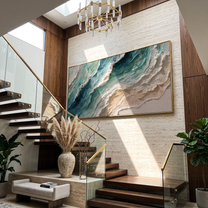 Teal Shore Breaks Ivory – Teal & Ivory Ocean Wave Painting | Coastal Abstract Panoramic Wall Art