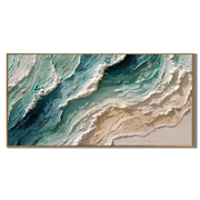 Teal Shore Breaks Ivory – Teal & Ivory Ocean Wave Painting | Coastal Abstract Panoramic Wall Art