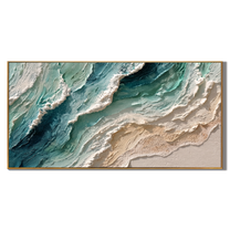 Teal Shore Breaks Ivory – Teal & Ivory Ocean Wave Painting | Coastal Abstract Panoramic Wall Art