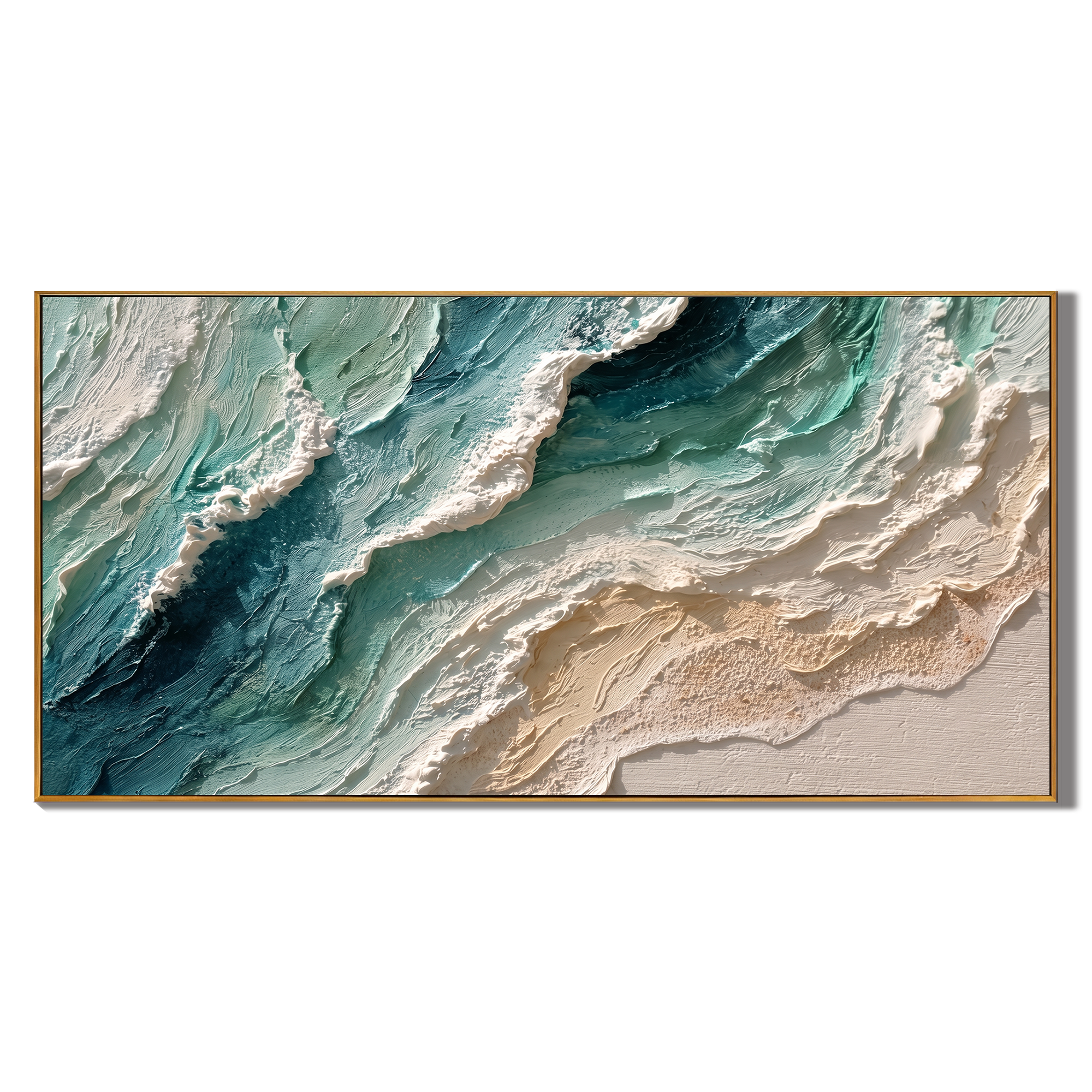 Teal Shore Breaks Ivory – Teal & Ivory Ocean Wave Painting | Coastal Abstract Panoramic Wall Art