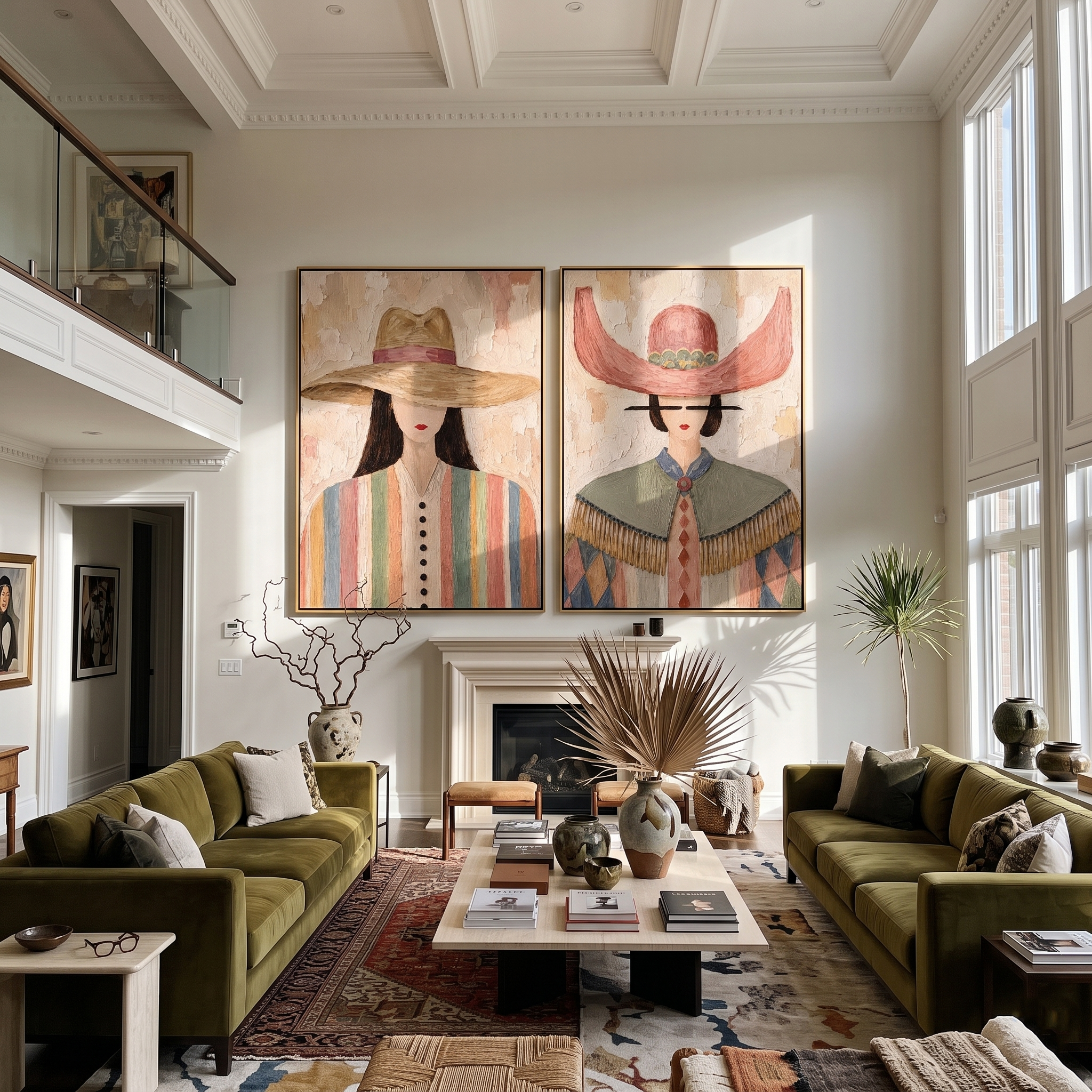 Straw Hat Stripes – Woman in Striped Dress with Woven Hat Painting | Vintage Americana Vertical Art
