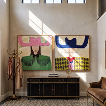 Mesa Woman Carries Weaving – Americana Woman with Woven Accessory Painting | Boho Chic Square Living Room Art