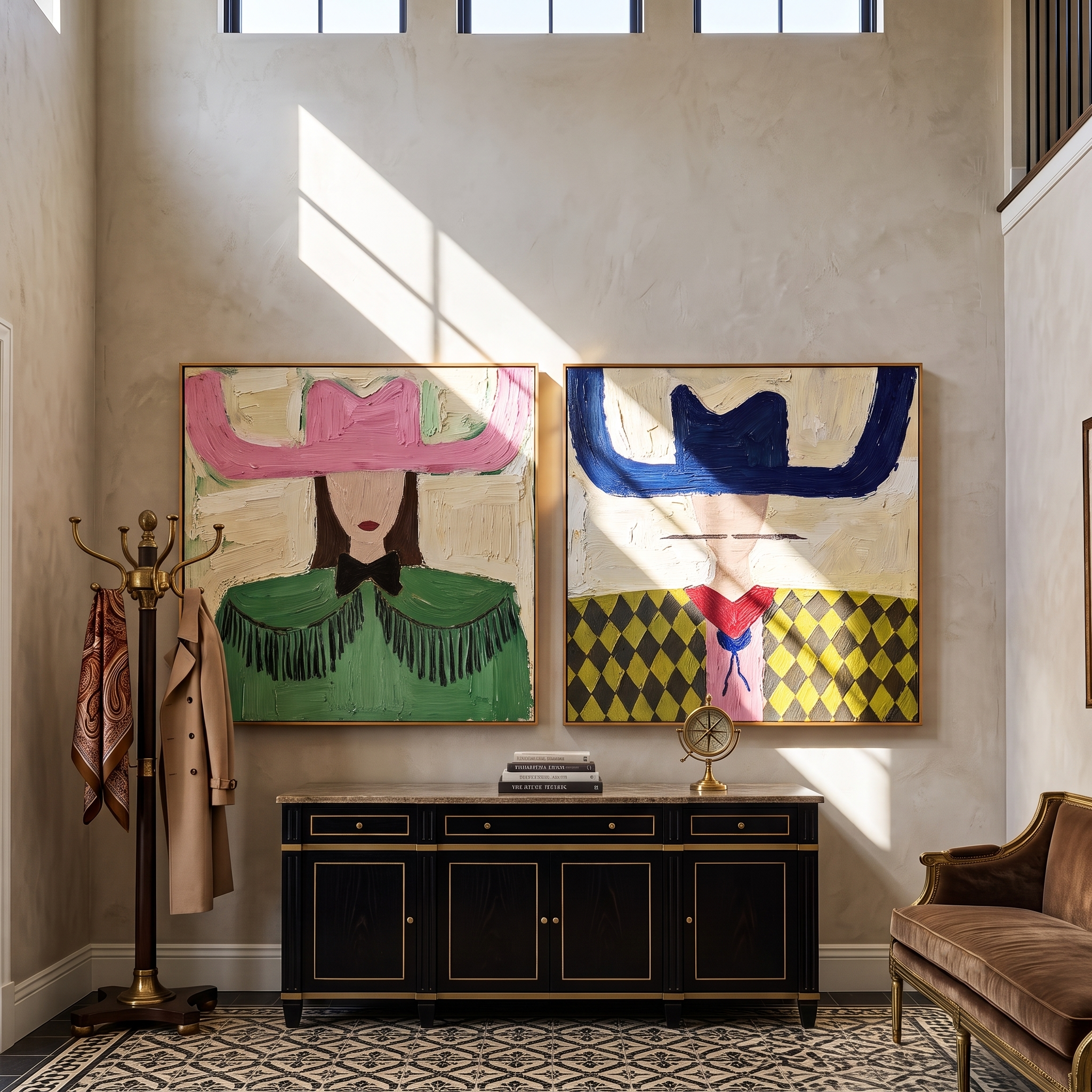Mesa Woman Carries Weaving – Americana Woman with Woven Accessory Painting | Boho Chic Square Living Room Art