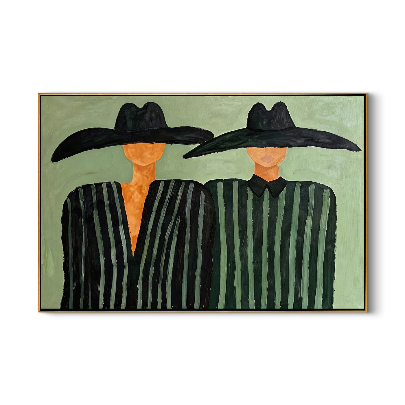 Two Brims Share Green — Twin Black-Hat Figures Painting | Modern Figurative Horizontal Wall Art – green and black modern figurative vintage americana art, horizontal hand-painted canvas art – view 1