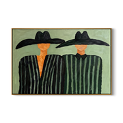 Two Brims Share Green — Twin Black-Hat Figures Painting | Modern Figurative Horizontal Wall Art – green and black modern figurative vintage americana art, horizontal hand-painted canvas art – view 1