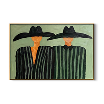 Two Brims Share Green — Twin Black-Hat Figures Painting | Modern Figurative Horizontal Wall Art – green and black modern figurative vintage americana art, horizontal hand-painted canvas art – view 1