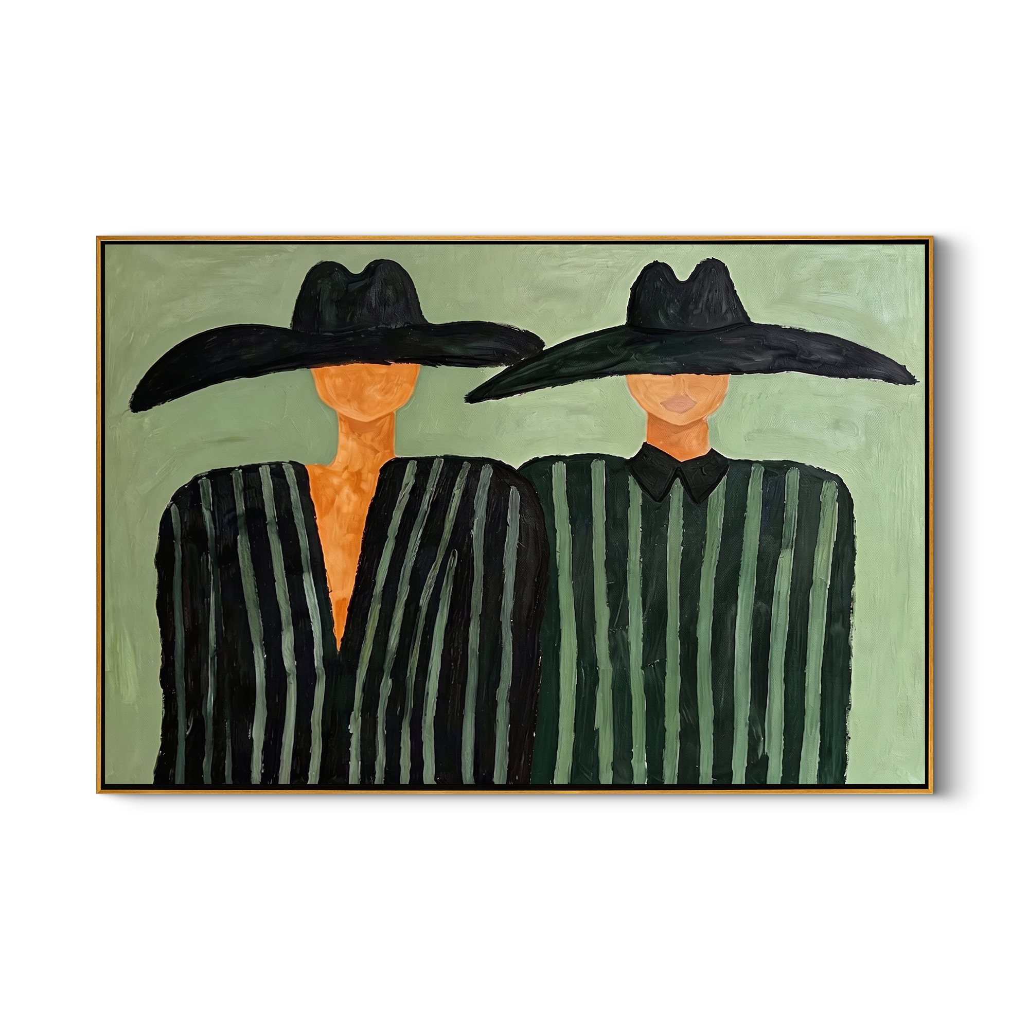 Two Brims Share Green — Twin Black-Hat Figures Painting | Modern Figurative Horizontal Wall Art – green and black modern figurative vintage americana art, horizontal hand-painted canvas art – view 1