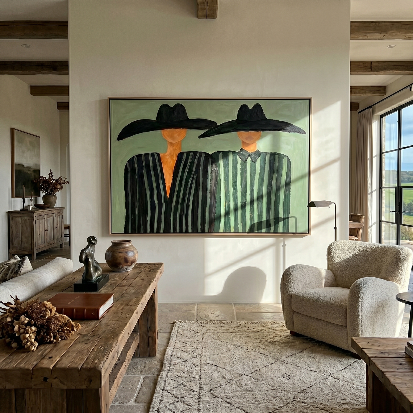 Two Brims Share Green — Twin Black-Hat Figures Painting | Modern Figurative Horizontal Wall Art – green and black modern figurative vintage americana art, horizontal hand-painted canvas art – view 2