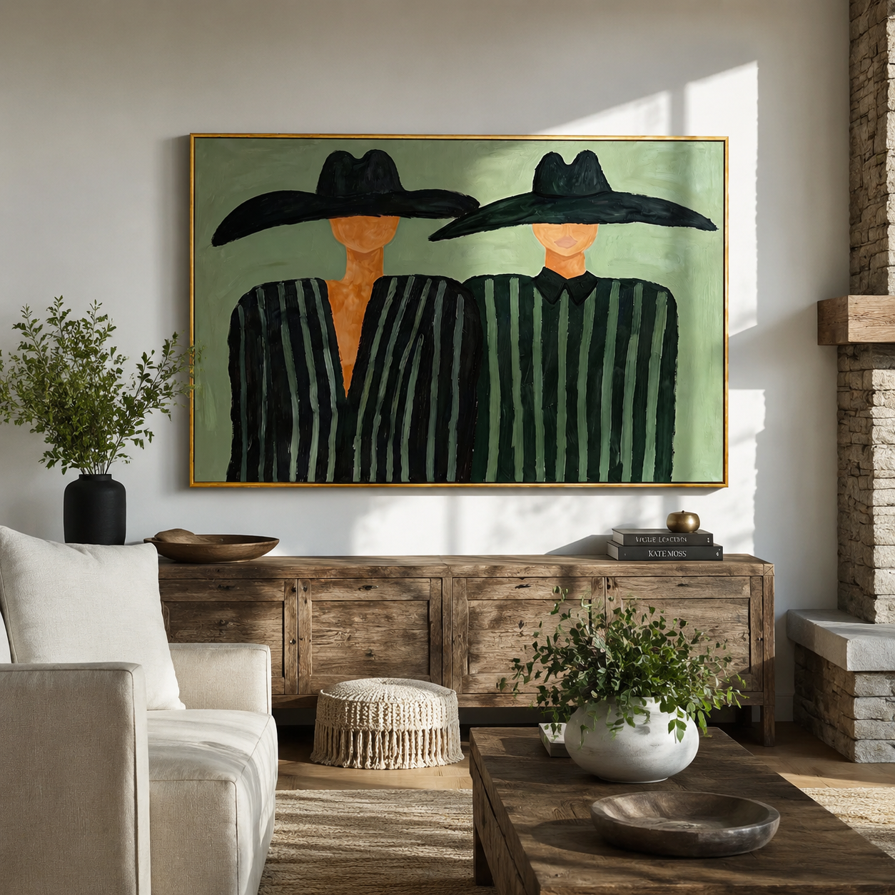 Two Brims Share Green — Twin Black-Hat Figures Painting | Modern Figurative Horizontal Wall Art – green and black modern figurative vintage americana art, horizontal hand-painted canvas art – view 3