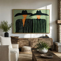 Two Brims Share Green — Twin Black-Hat Figures Painting | Modern Figurative Horizontal Wall Art – green and black modern figurative vintage americana art, horizontal hand-painted canvas art – view 3