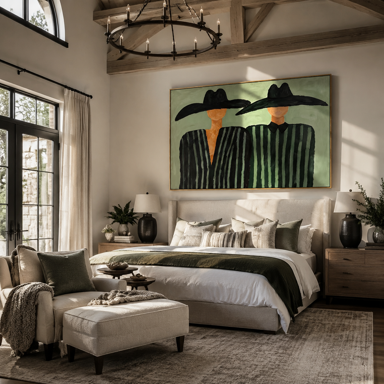 Two Brims Share Green — Twin Black-Hat Figures Painting | Modern Figurative Horizontal Wall Art – green and black modern figurative vintage americana art, horizontal hand-painted canvas art – view 4