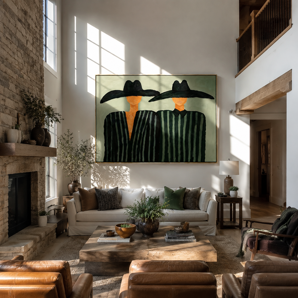 Two Brims Share Green — Twin Black-Hat Figures Painting | Modern Figurative Horizontal Wall Art – green and black modern figurative vintage americana art, horizontal hand-painted canvas art – view 5