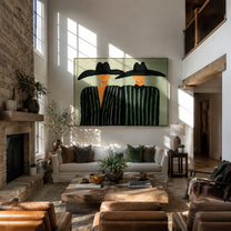 Two Brims Share Green — Twin Black-Hat Figures Painting | Modern Figurative Horizontal Wall Art – green and black modern figurative vintage americana art, horizontal hand-painted canvas art – view 5