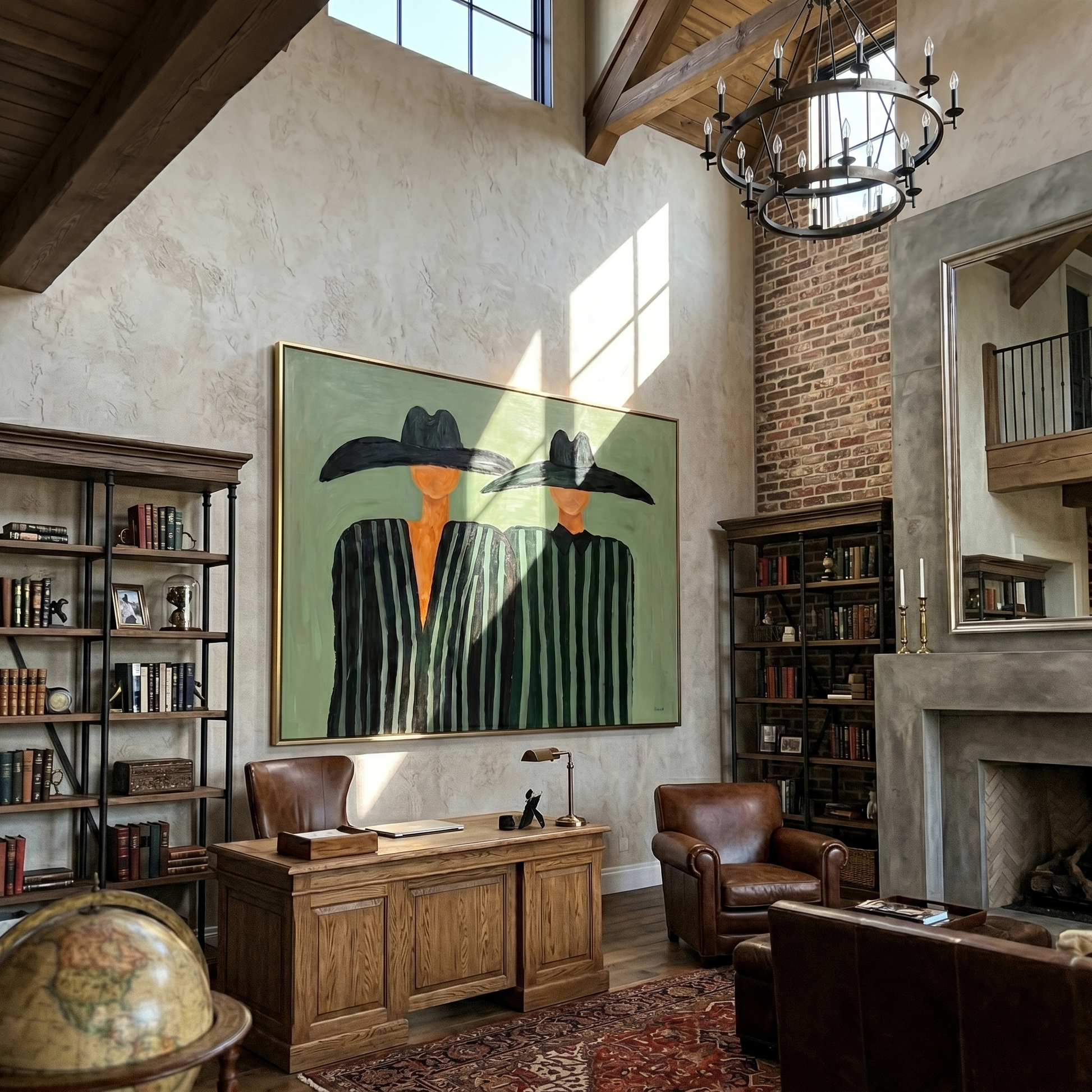 Two Brims Share Green — Twin Black-Hat Figures Painting | Modern Figurative Horizontal Wall Art – green and black modern figurative vintage americana art, horizontal hand-painted canvas art – view 6