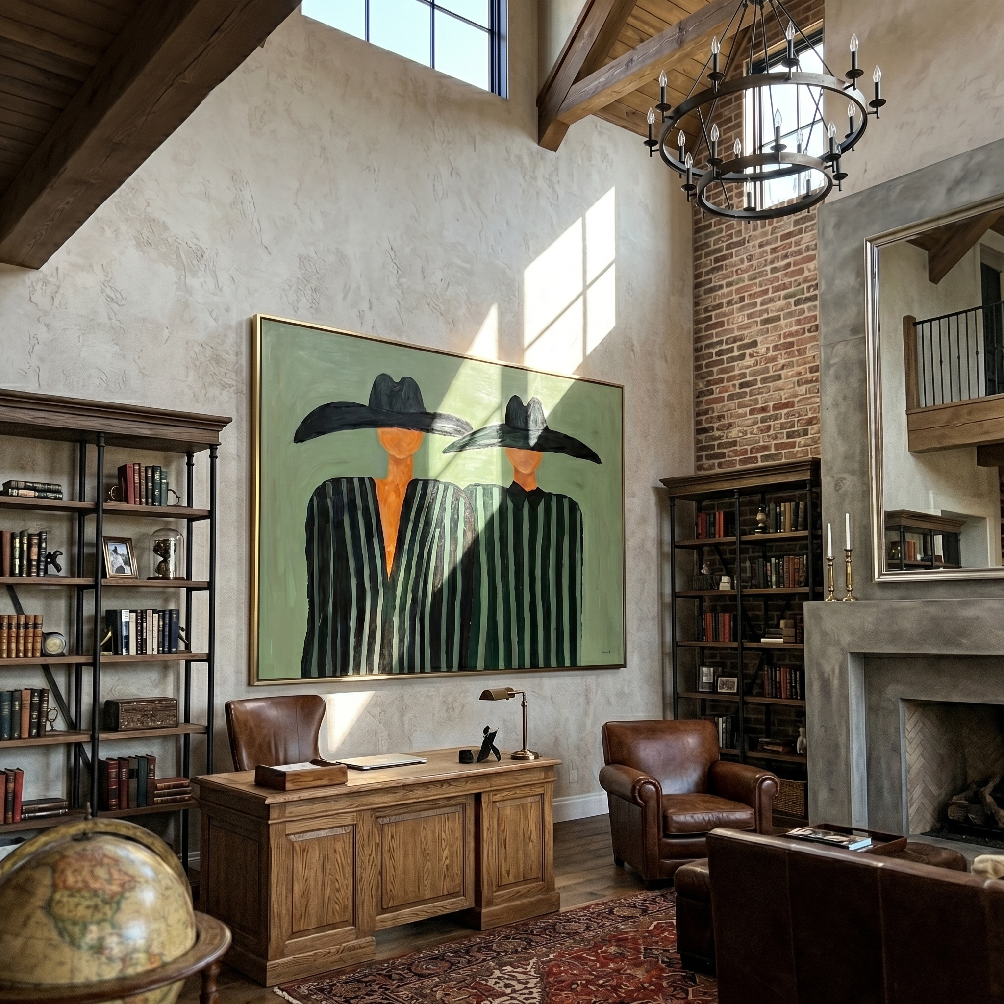 Two Brims Share Green — Twin Black-Hat Figures Painting | Modern Figurative Horizontal Wall Art – green and black modern figurative vintage americana art, horizontal hand-painted canvas art – view 6