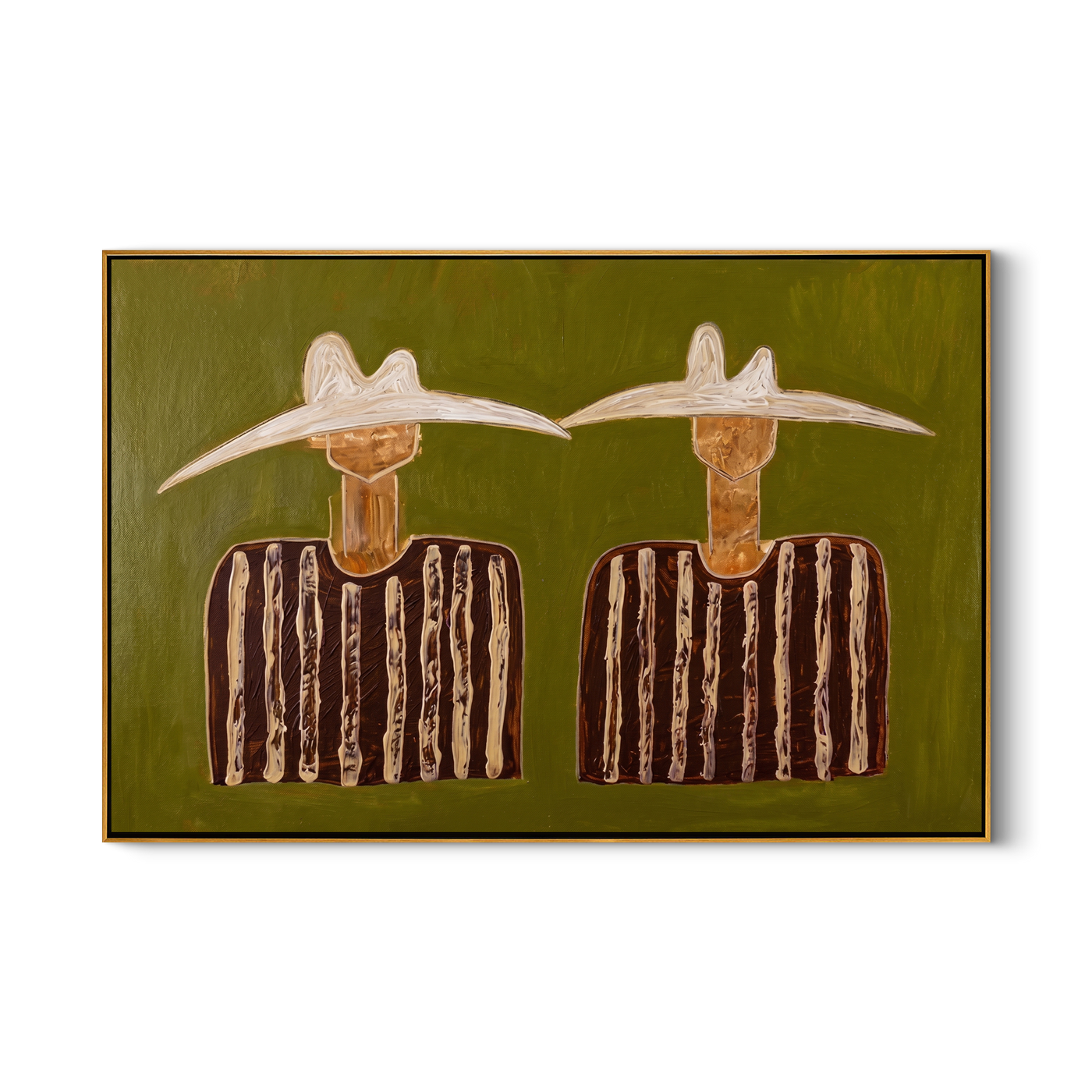 Pale Hats Hold Stillness — Twin White-Hat Figures Painting | Modern Figurative Horizontal Wall Art – brown and black modern figurative vintage americana art, horizontal hand-painted canvas art – view 1
