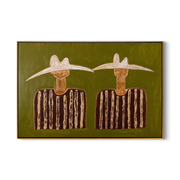 Pale Hats Hold Stillness — Twin White-Hat Figures Painting | Modern Figurative Horizontal Wall Art – brown and black modern figurative vintage americana art, horizontal hand-painted canvas art – view 1