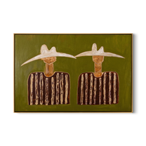 Pale Hats Hold Stillness — Twin White-Hat Figures Painting | Modern Figurative Horizontal Wall Art – brown and black modern figurative vintage americana art, horizontal hand-painted canvas art – view 1