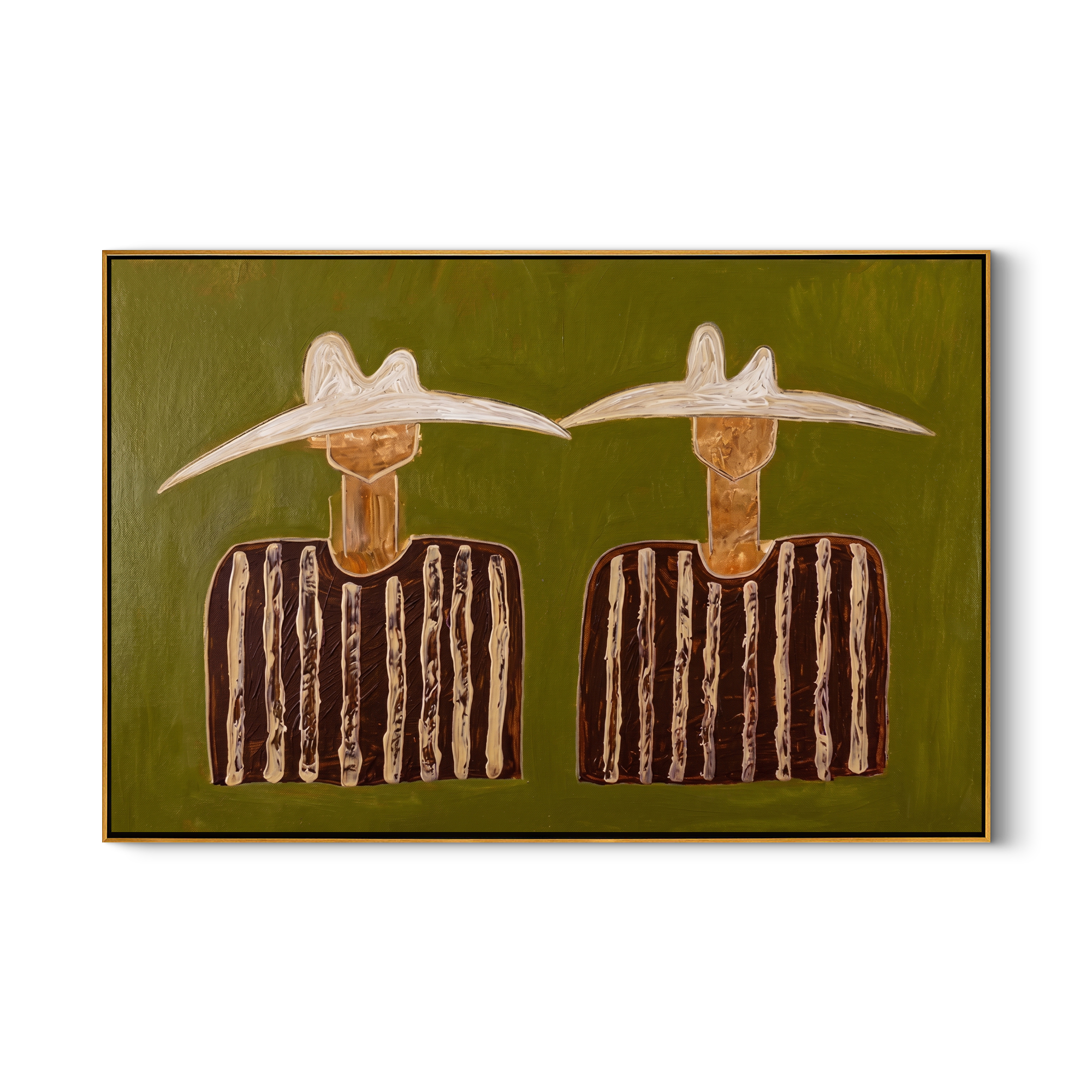 Pale Hats Hold Stillness — Twin White-Hat Figures Painting | Modern Figurative Horizontal Wall Art – brown and black modern figurative vintage americana art, horizontal hand-painted canvas art – view 1