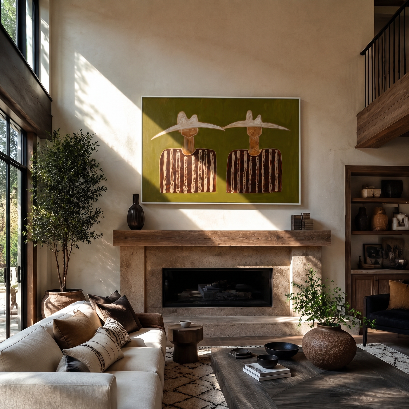 Pale Hats Hold Stillness — Twin White-Hat Figures Painting | Modern Figurative Horizontal Wall Art – brown and black modern figurative vintage americana art, horizontal hand-painted canvas art – view 2